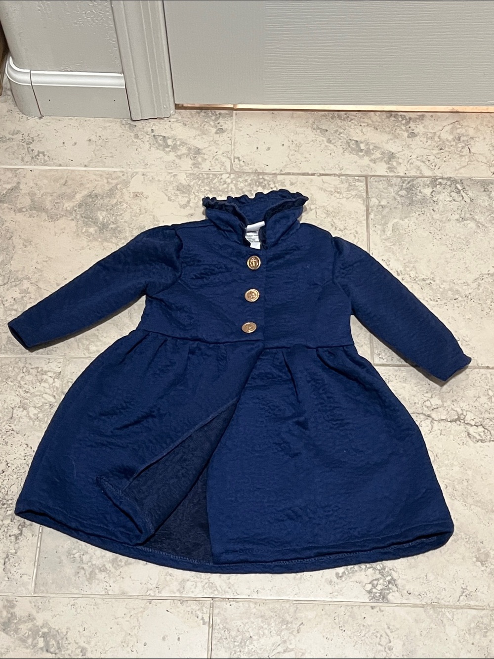 Little Lass Navy Blue Ruffled Collar Button-Front Dress
